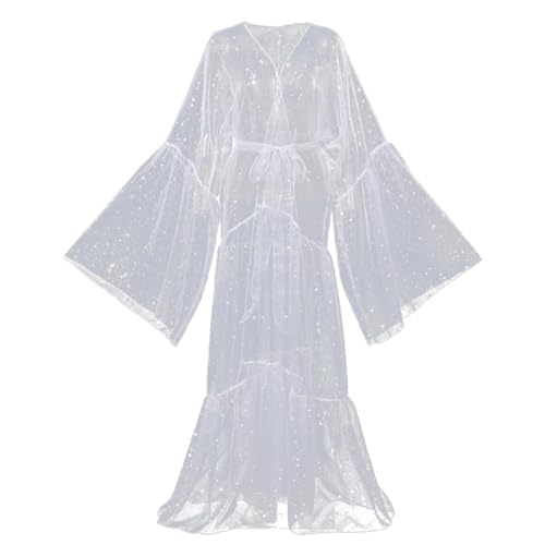 BPURB Damen Drag Queen Organza Glockenärmel Bademantel Morgenmantel Umstandskleid Fotoshooting Kimono Cardigan Bikini Cover Up(Large, Weiß) von BPURB