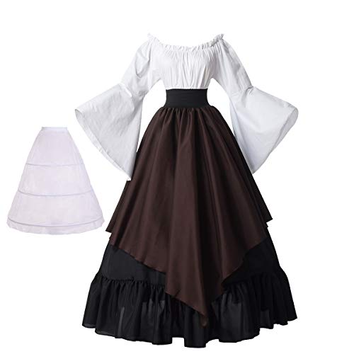 BPURB Damen Mittelalter Kleidung Renaissance Kostüm Kleid Trompete Ärmel Viktorianische Kleider (Hemd und Rock mit Petticoat) (Schwarz/Kaffee, L) von BPURB