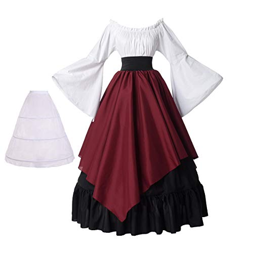 BPURB Damen Mittelalter Kleidung Renaissance Kostüm Kleid Trompete Ärmel Viktorianische Kleider (Hemd und Rock mit Petticoat) (Schwarz/Rot, L) von BPURB
