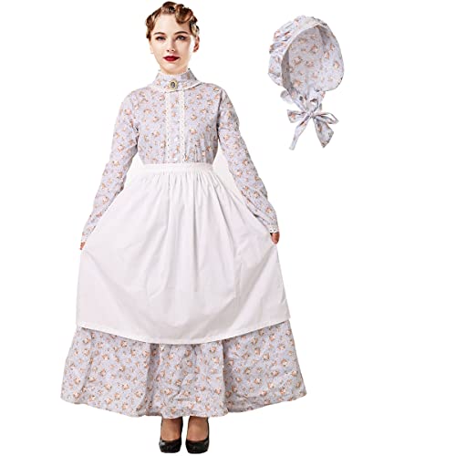 BPURB Damen Pioneer Prärie Blumenkleid Kostüm mit Schürze und Motorhaube Pilgrim Kolonial Kleid Dienstmädchen Mädchen Kostüm(2XL, Grau) von BPURB