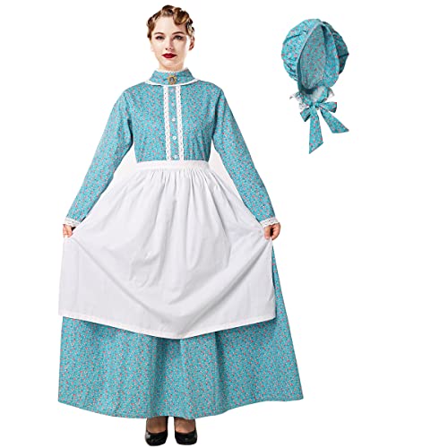 BPURB Damen Pioneer Prärie Blumenkleid Kostüm mit Schürze und Motorhaube Pilgrim Kolonial Kleid Dienstmädchen Mädchen Kostüm(XXL, Blau) von BPURB