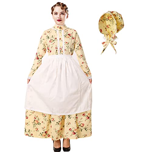 BPURB Damen Pioneer Prärie Blumenkleid Kostüm mit Schürze und Motorhaube Pilgrim Kolonial Kleid Dienstmädchen Mädchen Kostüm (S, Gelb) von BPURB