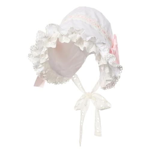 BPURB Mittelalter Damen Magd Mop Hut Kolonial Pilgrim Prarie weiße Haube Viktorianisch Kostüm Kopfbedeckung Baumwolle (Weiß-Rosa-1) von BPURB