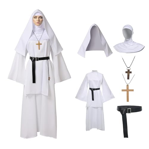 BPURB Nonnen Kostüm für Damen Erwachsene Deluxe Line Nonnen Kostüme Halloween Cosplay Sister Act Kleidung Zubehör für Motto-Party Karneval (Kleid, Gürtel, Kopfbedeckung, Kreuz) (Weiß, L) von BPURB