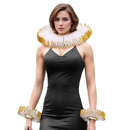 BPURB Renaissance Tudor Queen Elisabethan Dickens Halskrause Kragen Rüschenkragen und Handgelenk Rüschen Manschetten Set Clown Choker Halskragen Manschette von BPURB