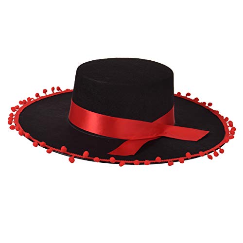 BPURB Spanischer Bull Fight Hat Matador Kostüm Schwarz und Rot Sombrero Hut für Damen Herren (Schwarz mit rotem Rand) von BPURB