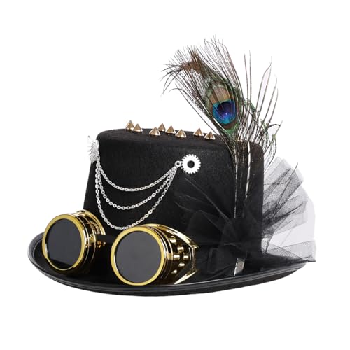 Unisex Halloween Gotisch Steampunk Zylinder Hut mit Brille Karneval Feder Kopfbedeckung Showgirl Stirnband Cosplay Zubehör(58cm/22.83 inches,Schwarz) von BPURB