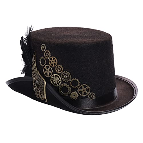 BPURB Unisex Steampunk Zylinder Halloween Hut Damen Herren Gotisch Schwarz Feder Getriebe Hüte Kopfbedeckung Kostüm Zubehör(58cm/22.83 Inches, Schwarz) von BPURB