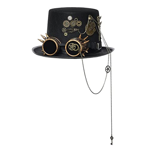 BPURB Damen Herren Steampunk Zylinder mit Brille Punk Halloween Party Kostüm Gothic Hut (58 cm/22.83 inches, schwarz-1) von BPURB