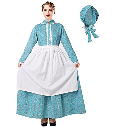 BPURB Damen Pioneer Prärie Blumenkleid Kostüm mit Schürze und Motorhaube Pilgrim Kolonial Kleid Dienstmädchen Mädchen Kostüm(L, Blau) von BPURB