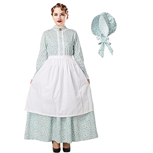 BPURB Damen Pioneer Prärie Blumenkleid Kostüm mit Schürze und Motorhaube Pilgrim Kolonial Kleid Dienstmädchen Mädchen Kostüm(L, Hellblau) von BPURB