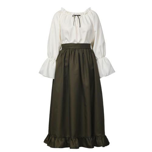 Damen Renaissance Kostüm Vintage Mittelalterliches Bauern Kleid Trompeten ärmel Viktorianisches Ren Faire Bluse und Rock (Grün, L) von BPURB