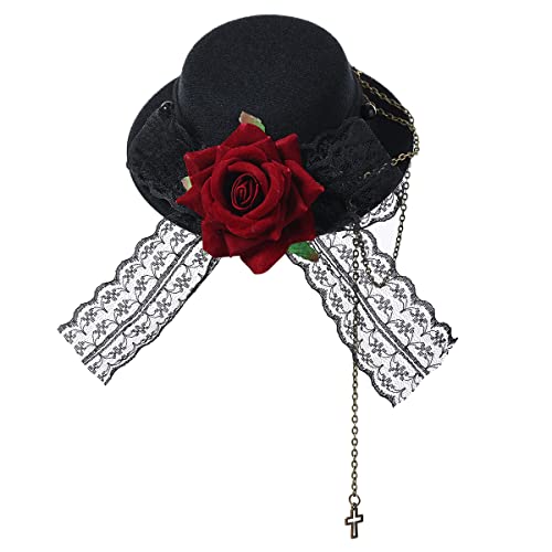 Damen Steampunk Lolita Mini Hut Zylinderhut Haarreif Blüte Kopfschmuck Mädchen Kostüm Zubehör für Party Hochzeit (Schwarz-Rot) von BPURB