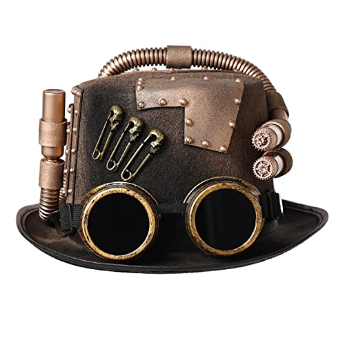 Damen Steampunk Zylinder Hut mit Brille für Herren Halloween Cosplay Kostüme Gold Hüte für Party (61cm/24.02 Inches, Gold) von BPURB