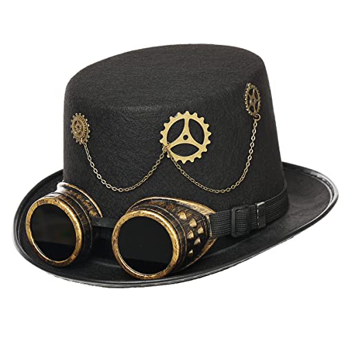 Damen Steampunk Zylinder Hut mit Brille für Herren Halloween Cosplay Kostüme Hüte für Party (58cm/22.8 Inches, Schwarz) von BPURB