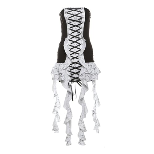 Gothic Lolita Schwarz und Weiß Schnürband Korsett Kleid für Frauen Geraffter unregelmäßiger Rock für Halloween Party Cocktail, schwarz/weiß, S Gothic Lolita Schwarz und Weiß Schnürband Korsett Kleid für Frauen Geraffter unregelmäßiger Rock für Halloween Party Cocktail, schwarz/weiß, S von BPURB