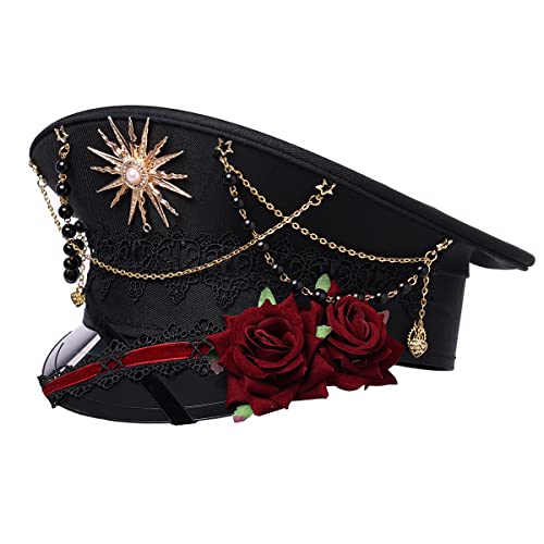 Unisex Steampunk Military Captain Festival Rave Hut Damen Lolita Rose Sunburst Halloween Kostüm Hüte für Karneval Party Cosplay, Weinrot von BPURB