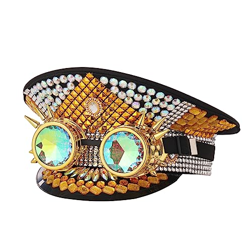 Steampunk Stil Damen Strass Zylinder mit Brille Festival Karneval Militär Kapitän Hut Cosplay Party Halloween Kostüm (Style-I) von BPURB