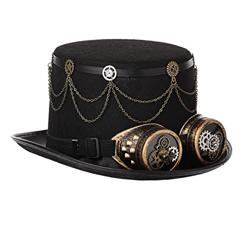 Unisex Erwachsene Steampunk Zylinder Hut mit Brille Damen Herren Punk Halloween Cosplay Karneval Kostüm Zubehör (Schwarz, 61cm/24.02 inches) von BPURB