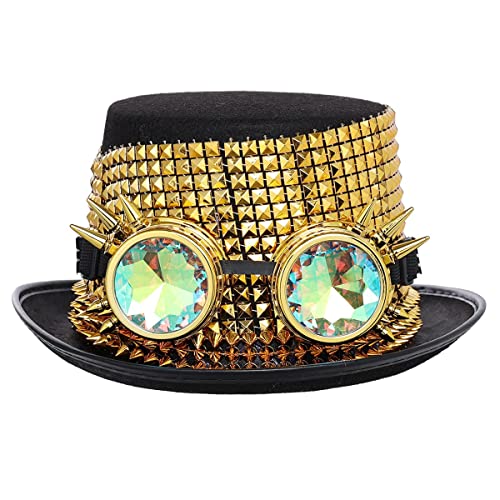 Unisex Gothic Steampunk Zylinder Hut Halloween Karneval Festival Kostüm Hut mit Brille für Damen Herren(Kopfumfang: 58 cm, Gold) von BPURB