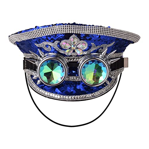 Unisex Pailletten Militär Kapitän Hüte mit Brille Steampunk Zylinder Hut Festival Halloween Cosplay Kostüm Caps (Blau) von BPURB