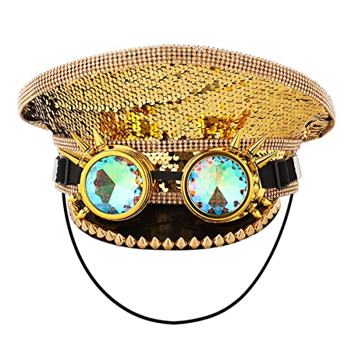 Unisex Pailletten Militär Kapitän Hüte mit Brille Steampunk Zylinder Hut Festival Halloween Cosplay Kostüm Caps (Gold-1) von BPURB