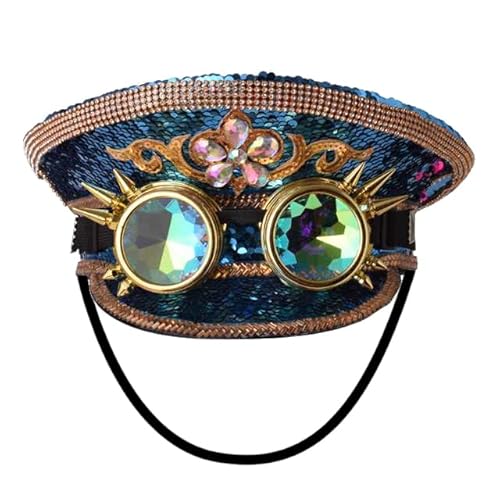 Unisex Pailletten Militär Kapitän Hüte mit Brille Steampunk Zylinder Hut Festival Halloween Cosplay Kostüm Caps (Grün) von BPURB