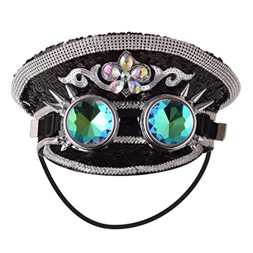 Unisex Pailletten Militär Kapitän Hüte mit Brille Steampunk Zylinder Hut Festival Halloween Cosplay Kostüm Caps (Schwarz) von BPURB