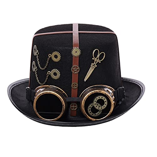 Vintage Steampunk Gear Zylinder Hut mit Brille Schere für Damen Herren Halloween Kostüm Hüte Karneval Kopfbedeckung Zubehör(58cm/22,83 inches, schwarz) von BPURB