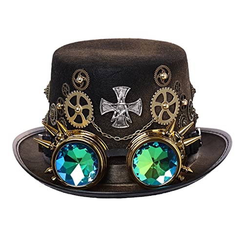 Unisex viktorianischer Steampunk Zylinder mit Brille und Ausrüstung für Damen Herren Karneval Halloween Cosplay Kopfbedeckung Zubehör (58cm/22.8 Inches, Schwarz) von BPURB