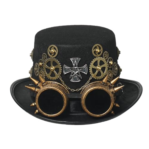 Unisex viktorianischer Steampunk Zylinder mit Brille und Ausrüstung für Damen Herren Karneval Halloween Cosplay Kopfbedeckung Zubehör (Schwarz, 61cm/24.02 Inches) von BPURB