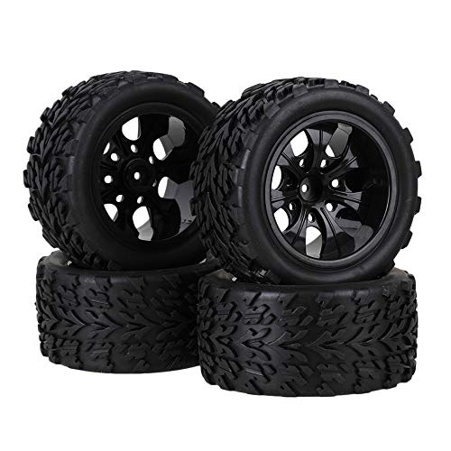 BQLZR RC 1:10 Truck Black Rubber Tire & Black Plastic 7-Speichen Wheel Rim 12mm Drive Hex Pack of 4 von BQLZR