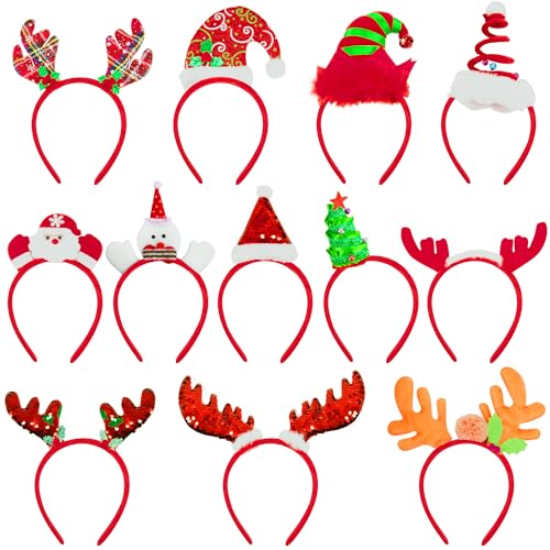 BQTQ 12 Stück Haarreifen Weihnachten Stirnbänder, Weihnachten Rentier Geweih Stirnband Haarbänder Santa Hut Bögen Stirnbänder Weihnachts Kopfschmuck von BQTQ