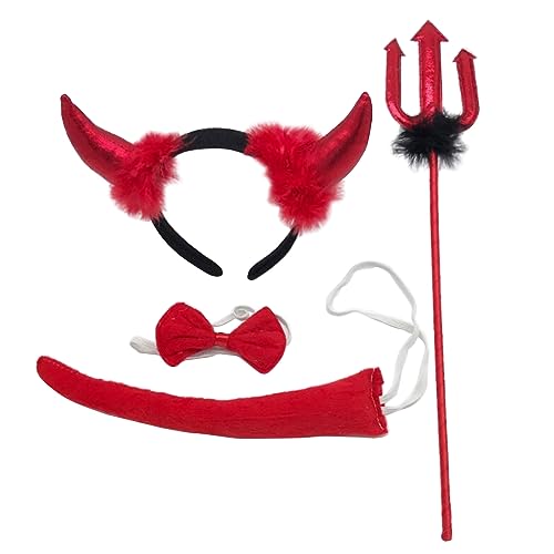 4-teiliges Teufelskostüm-Set mit roten Hörnern, Stirnband, Fliege und Heugabeln für Halloween, Cosplay, Outfits, Zubehör, Halloween-Kostüm 4-teiliges Teufelskostüm-Set mit roten Hörnern, Stirnband, Fliege und Heugabeln für Halloween, Cosplay, Outfits, Zubehör, Halloween-Kostüm von BRABOSTON
