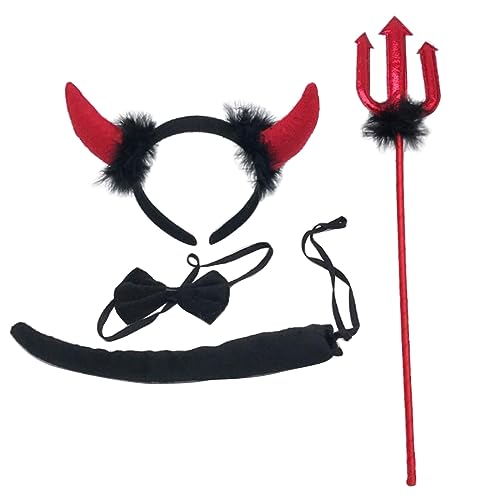 4-teiliges Teufelskostüm-Set mit roten Hörnern, Stirnband, Fliege und Heugabeln für Halloween, Cosplay, Outfits, Zubehör, Halloween-Kostüm 4-teiliges Teufelskostüm-Set mit roten Hörnern, Stirnband, Fliege und Heugabeln für Halloween, Cosplay, Outfits, Zubehör, Halloween-Kostüm von BRABOSTON