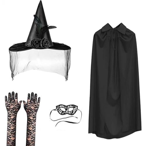 BRABOSTON Hexenkostüm für Damen, Umhang, Hut mit Spitzenauge und langen Handschuhen, Erwachsenenkostüm für Erwachsene, Halloween-Kostüm für Maskerade, Cosplay, Hexenhut von BRABOSTON
