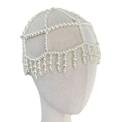 BRABOSTON Moderne funkelnde Perlenkappen, Haarschmuck, Braut-Kopfschmuck, Party, volle Perlen, Quasten, Hut, auffälliger Haarschmuck, Damen-Party-Stirnband von BRABOSTON
