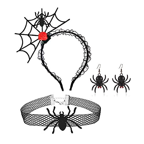 BRABOSTON Spiderweb Shape Hairhoop Choker baumeln Ohrring-Set Mädchen Cosplay Kostüm Kopfschmuck Halloween Party Set für Erwachsene Halloween Haarreifen von BRABOSTON