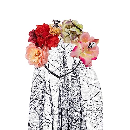 Zartes Blumen- und Totenkopf-Haarband, dünnes Seitenhaarband, Blumenform, Stirnband für Mädchen, Halloween, mit Schleier-Dekor, bunte Blumenkrone für Hochzeit, Mädchen, Krone, Fotoshootings von BRABOSTON