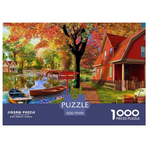 1000 Teile Herbstdorf-Puzzle für Erwachsene und Kinder, kreatives rechteckiges Puzzle, Holzpuzzle, lustiges Lernspielzeug, 1000 Teile (75 x 50 cm) von BREAUX