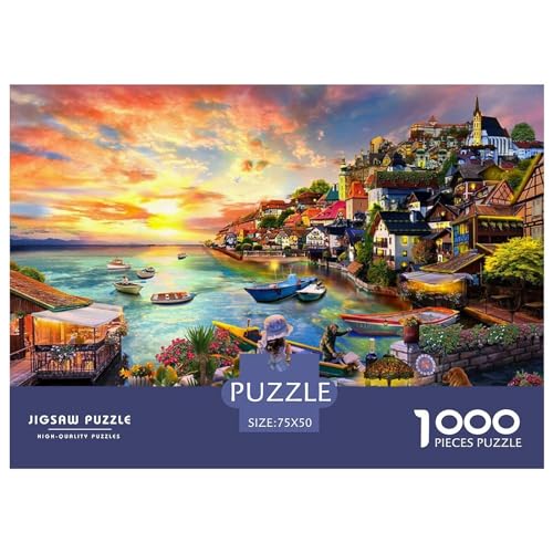 1000-teiliges Puzzle mit Hafensonnenuntergang für Erwachsene, kreatives rechteckiges Holzpuzzle, Geschenk für Freunde und Familie, 1000 Teile (75 x 50 cm) von BREAUX