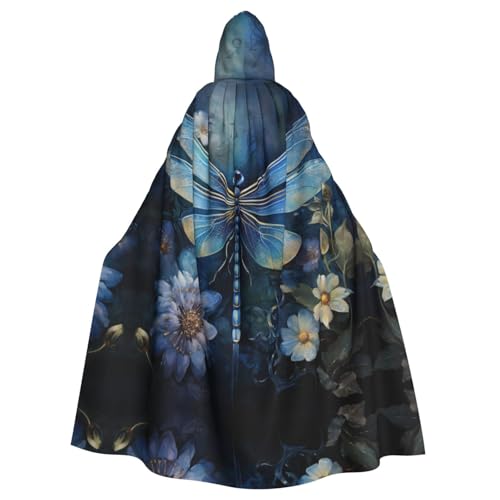 BREAUX Art Blue Dragonfly Print Hooded Cloak, Oversized Hooded Cape with Bow tie, Uni Adult Halloween Costume von BREAUX