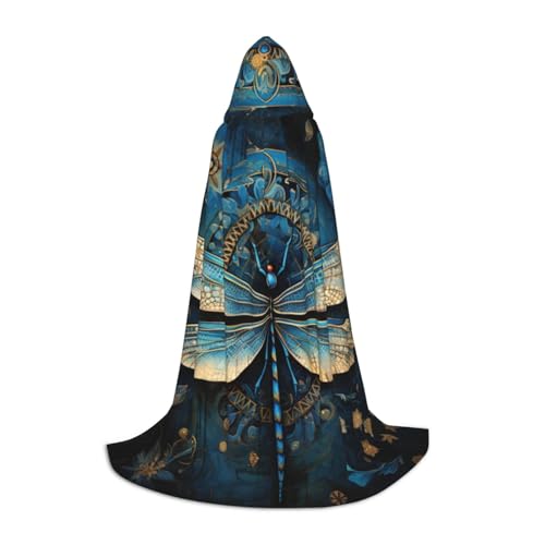 BREAUX Art Blue Kapuzenumhang mit Libellen-Druck, Uni, volle Länge, Kapuzenumhang, Ball-Comic-Kostüm, Ausstellung-Kostüm von BREAUX