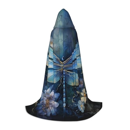 BREAUX Art Blue Kapuzenumhang mit Libellen-Druck, Uni, volle Länge, Kapuzenumhang, Ball-Comic-Kostüm, Ausstellung-Kostüm von BREAUX