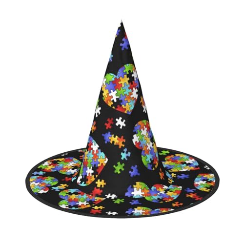 BREAUX Autismus-Bewusstseins-Puzzleteile, Herzdruck, Halloween, Hexe und Zaubererhut, Hexenkostüm für Themendekoration, Halloween-Party von BREAUX