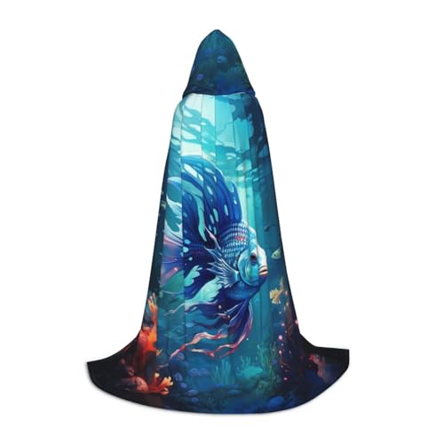 BREAUX Blauer Ozean, Unterwasserfisch-Druck, Kapuzenumhang, Uni, volle Länge, Kapuzenumhang, Ball-Kostüm, Comicausstellung BREAUX Blauer Ozean, Unterwasserfisch-Druck, Kapuzenumhang, Uni, volle Länge, Kapuzenumhang, Ball-Kostüm, Comicausstellung von BREAUX