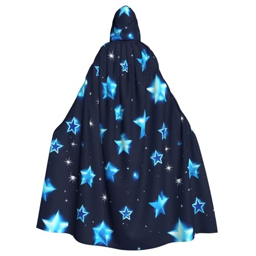 BREAUX Blue Shining Stars Print Hooded Cloak, Oversized Hooded Cape with Bow Tie Uni Adult Halloween Costume von BREAUX