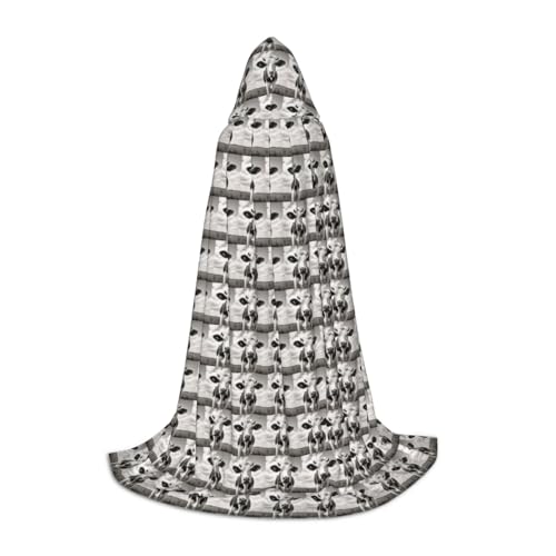 BREAUX Kapuzenumhang mit Kuh in Schwarz und Weiß, Uni, volle Länge, Kapuzenumhang, Ball-Comic-Kostüm von BREAUX