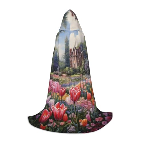 BREAUX Kapuzenumhang mit Tulpengarten-Druck, Uni, volle Länge, Kapuzenumhang zum Verkleiden, Ball, Comic-Ausstellungskostüm von BREAUX