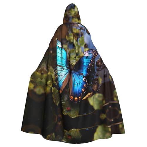 BREAUX Schöner blauer Schmetterlingsdruck Kapuzenumhang übergroßer Kapuzenumhang mit Fliege Uni Erwachsene Halloween Kostüm von BREAUX